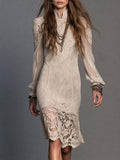 Boho Cream Lace Applique High Neck Sheer Long Sleeve Midi Dress