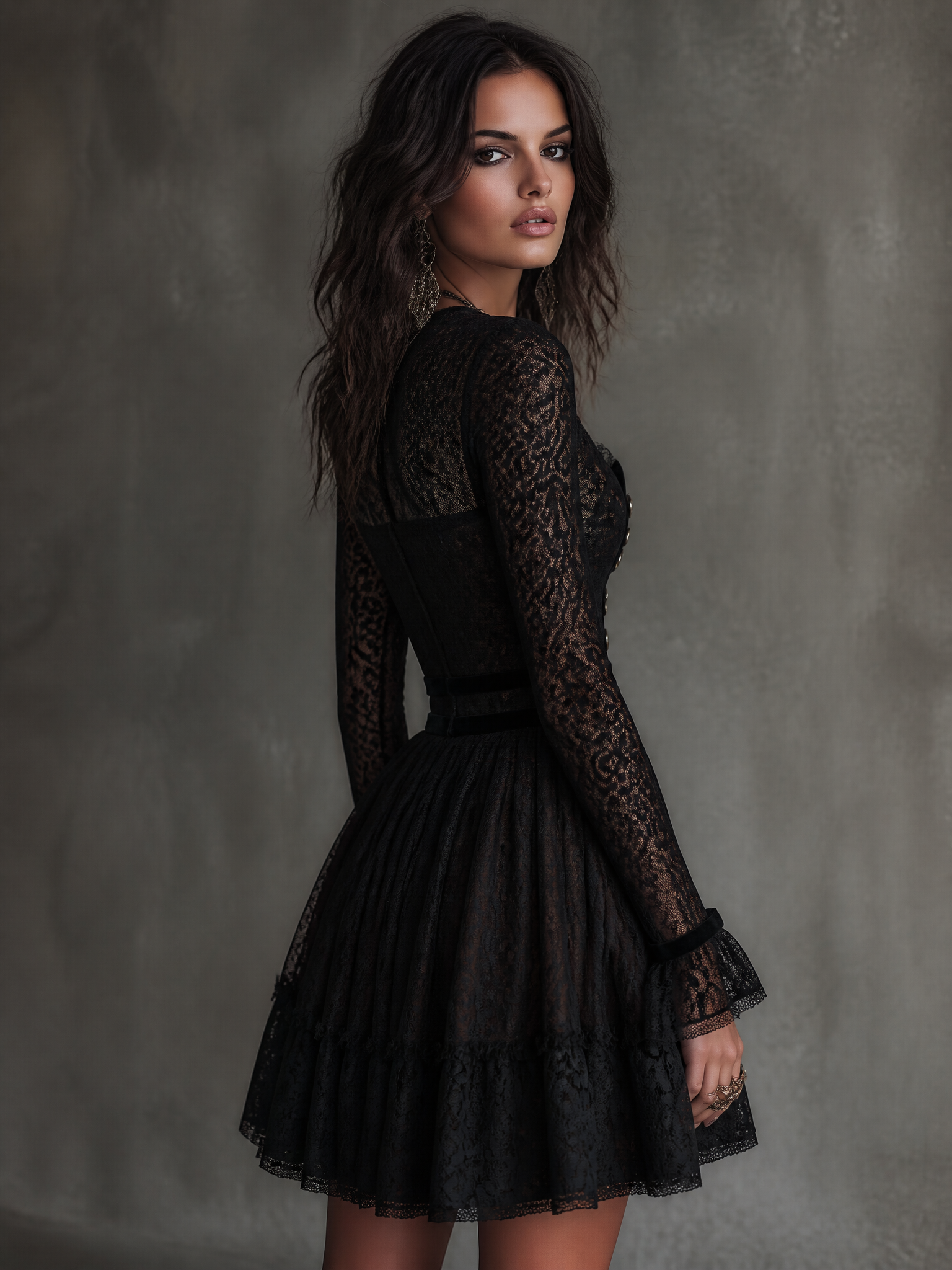 VIntage Black Lace Long Sleeve Zip-Up Mini Dress with Button Detail