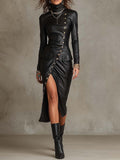 Elegant Faux Leather Turtleneck Long Sleeve Button-Front Slit Midi Dress