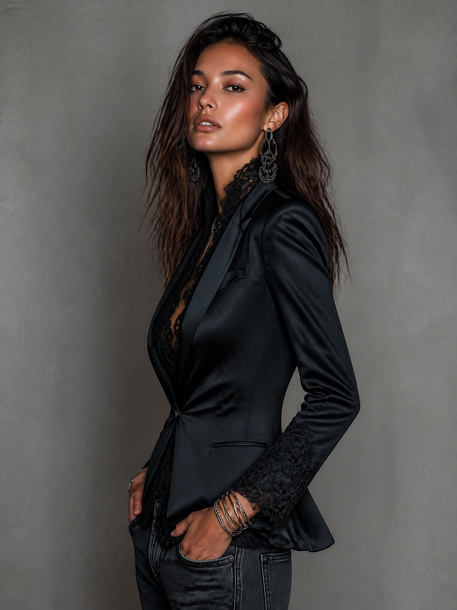 Elegant Satin Cuff Embroidery Detail Slim Fit Blazer