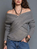 Boho Gray Chunky Knit Cross Wrap Off Shoulder Sweater
