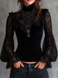 Vintage Lace Lantern-sleeve Polyester Velvet Blouse