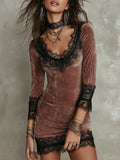 Vintage-style Lace Trim Velvet Fitted Mini Dress