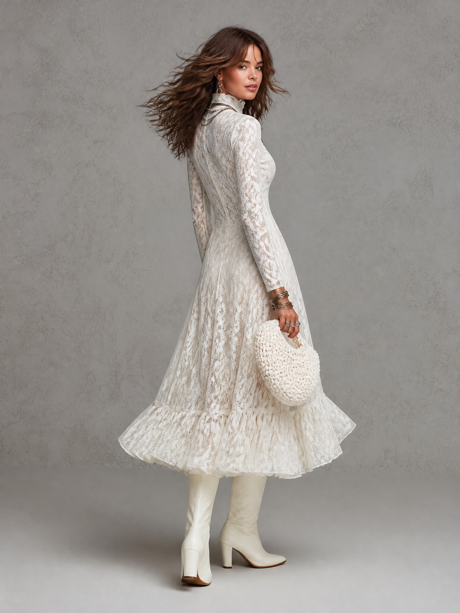 Elegant Sheer Floral Lace Turtleneck Long Sleeve Midi Dress
