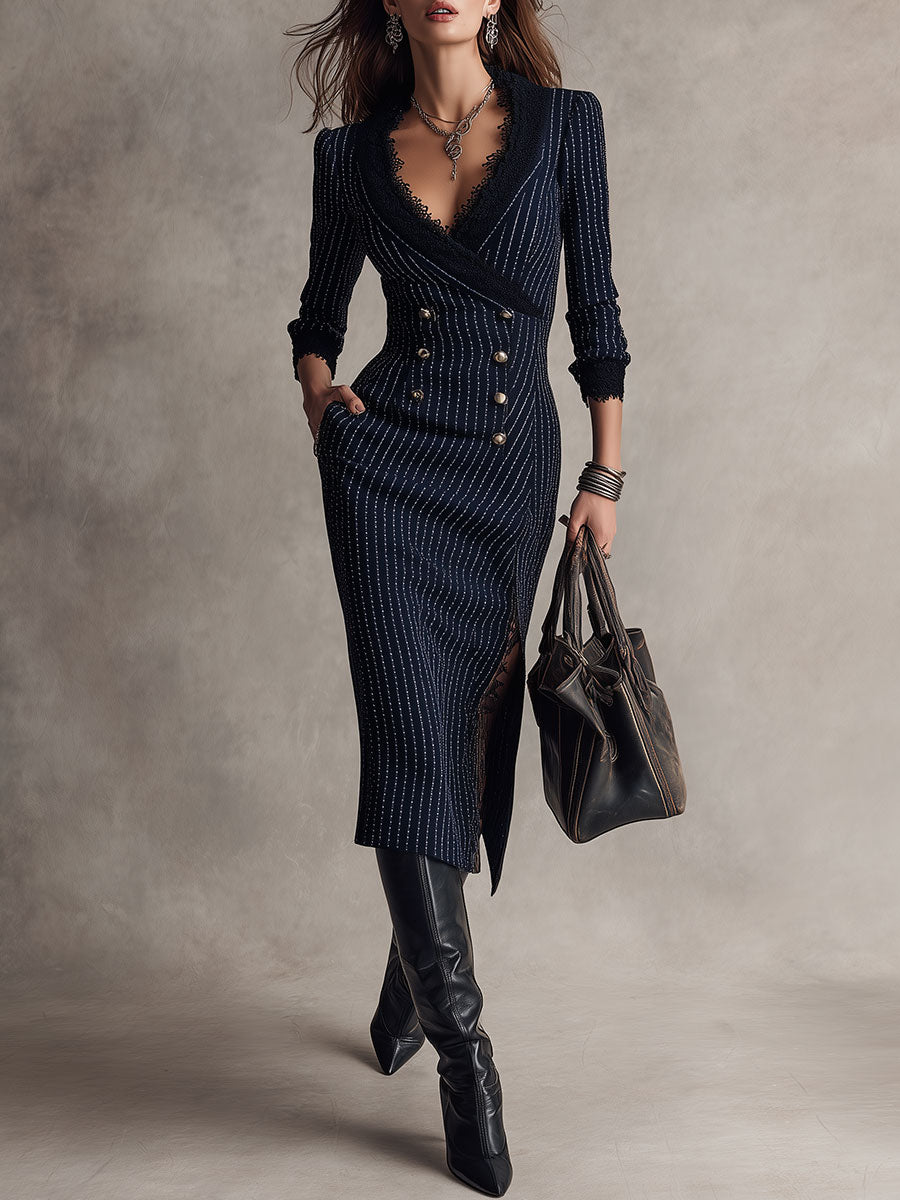 Retro Striped High Slit Blazer Midi Dress With Lace Trim