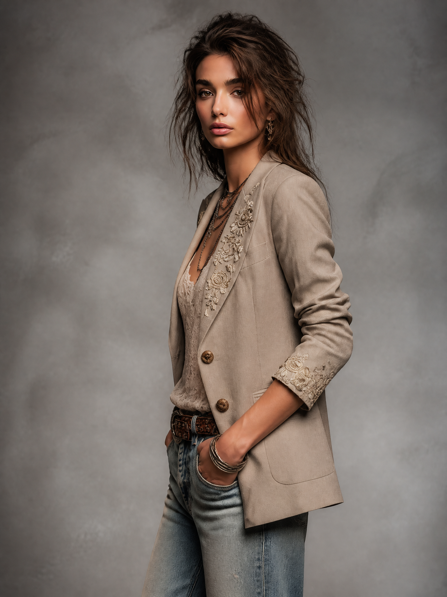 Boho Western Light Khaki Linen Blend Beige‑Gold Floral Embroidered Lapel Blazer