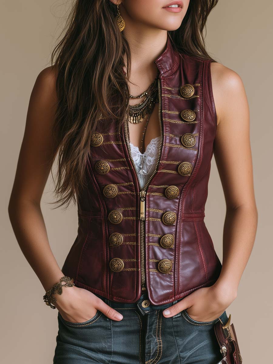 Vintage Military-style Buttons Faux Leather Vest