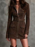 Vintage Western Brown Washed Denim Belted Zip‑Up Mini Dress