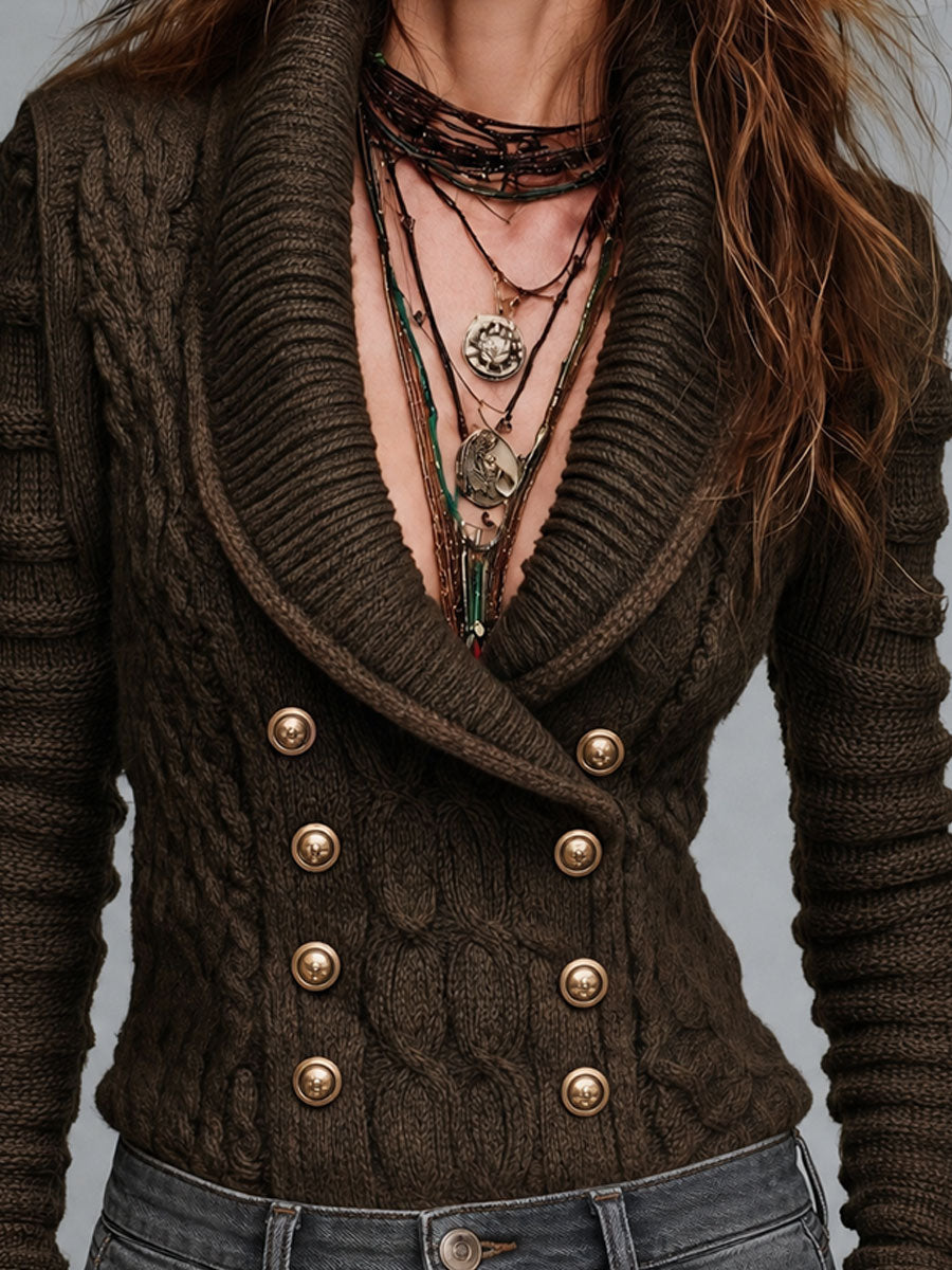 Boho Cable Knit Double-Breasted Shawl Collar Cardigan
