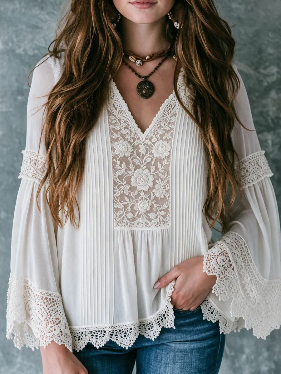 Boho Floral Lace V Neck Pleated Blouse With Bell Sleeve Pleated