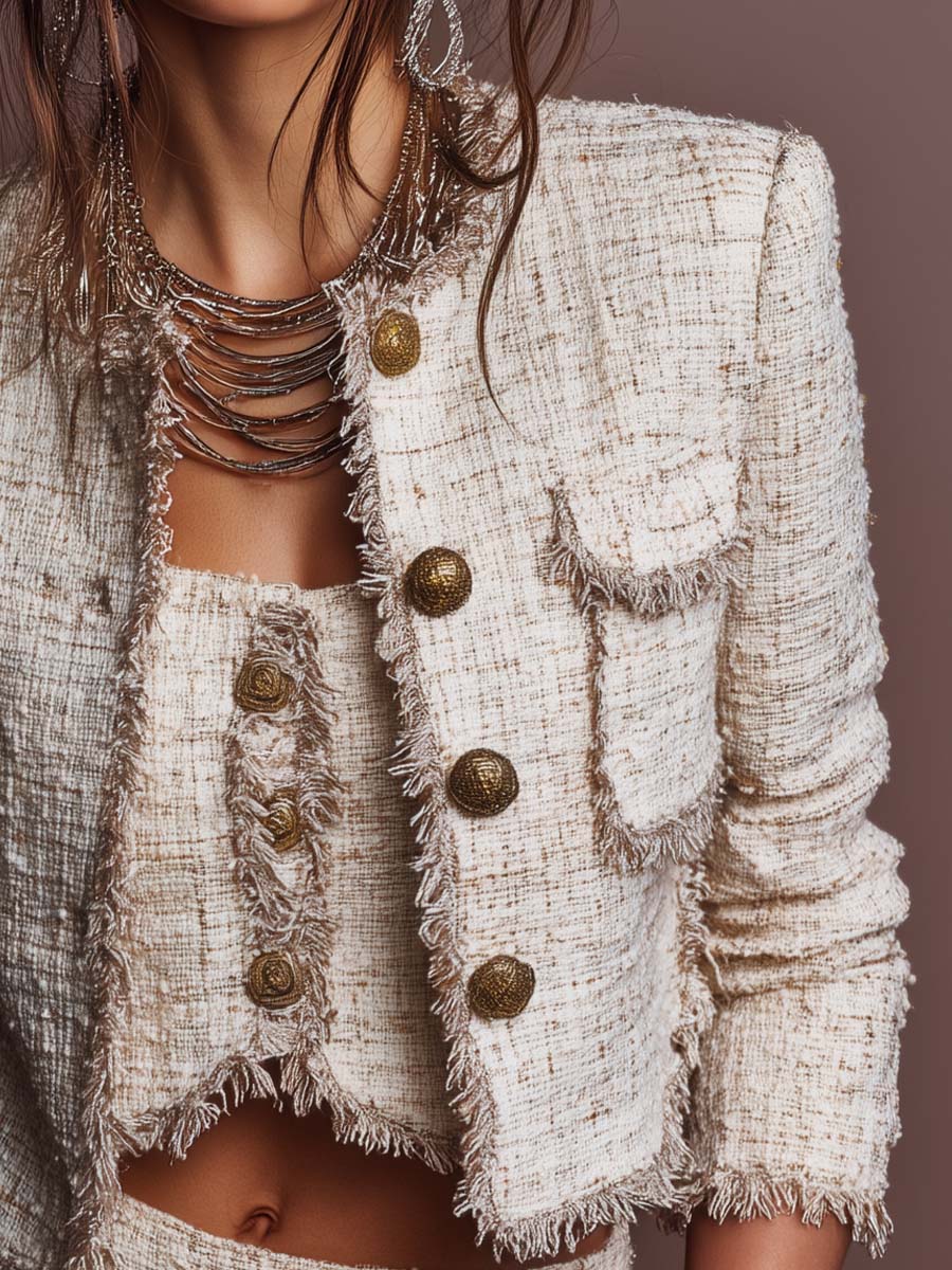 Retro-style exquisite short jacket with metal buttons