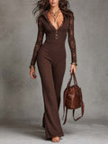 Elegant V-Neck Lace Sleeve Ribbed Knit Flare Jumpsuit