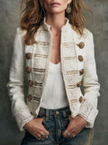 Vintage-style Double-breasted Military Jacket With Lace Trim