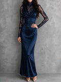 Elegant Navy Blue Lace Sleeve Cowl Neck Ruched Satin Mermaid Dress