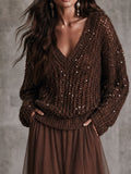 Elegant V Neck Chocolate Sequin Open Knit Loose Sweater