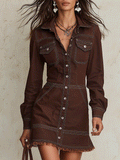 Women's Brown Denim Long Sleeve Button-Down Contrast Stitching Mini Dress