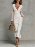 Boho Lace Sleeve V-Neck Button Front Denim Midi Dress
