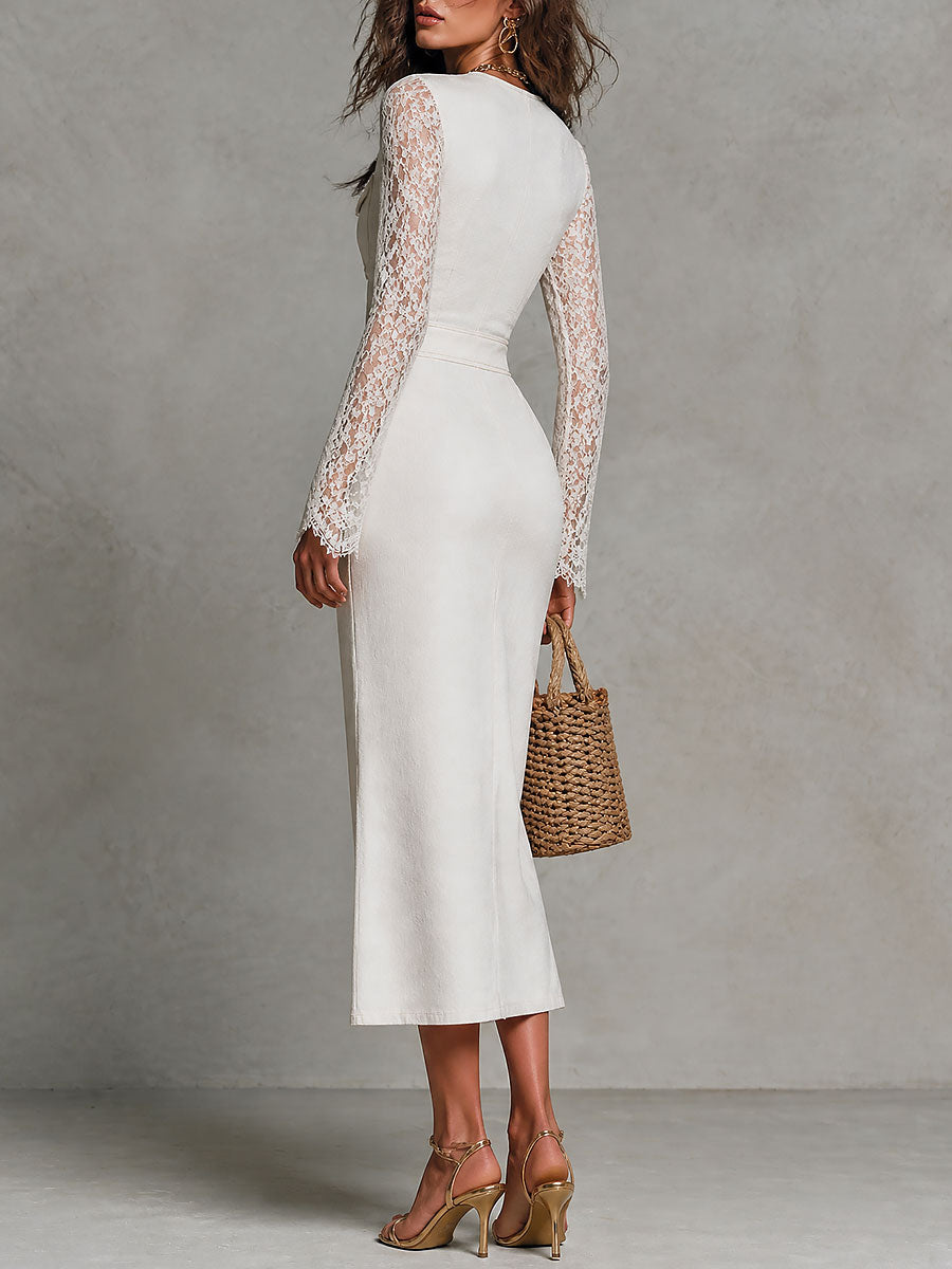 Boho Lace Sleeve V-Neck Button Front Denim Midi Dress