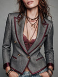 Herringbone Tweed Double-Breasted Blazer With Satin Trim