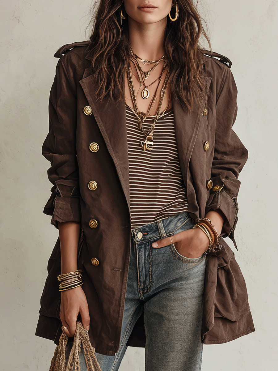 Utility Chic Cotton-Twill Double-Breasted Belted Chocolate Brown Trench Coat