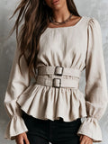 Oatmeal Linen Texture Square Neck Double Waist Belt Blouse