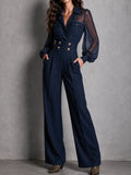 Elegant Navy Sheer Long Sleeve High Waist Jumpsuit With Wide Leg