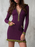 Contrast Trim Ribbed Knit Hooded Mini Dress