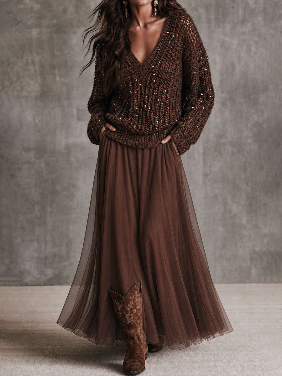 Boho Elegant Chocolate Brown High Waist Tulle Maxi Skirt