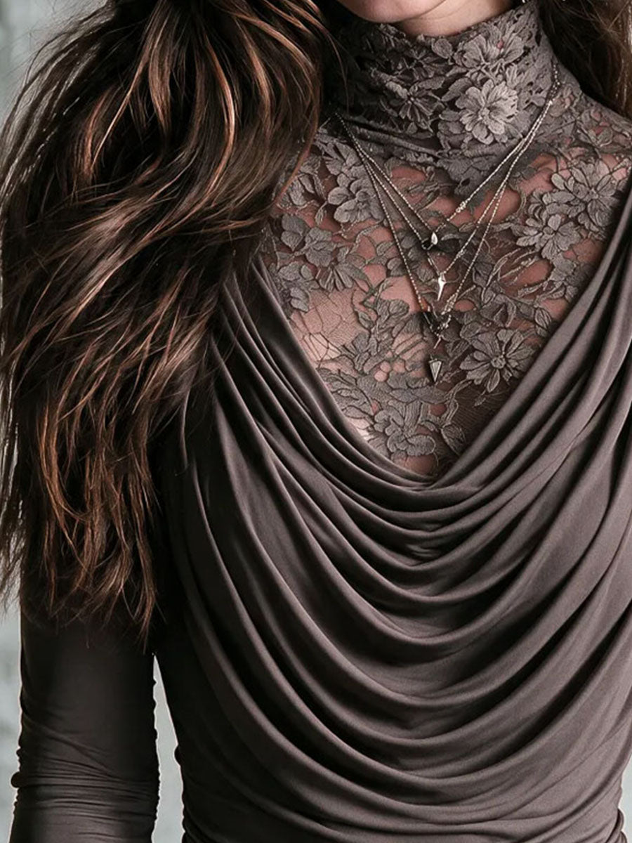Boho Taupe Lace Mock Neck Draped Cowl Long Sleeve Two-in-One Top