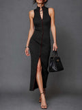 Sleeveless Ribbed Knit Button-Front Maxi Dress with Contrast Trim