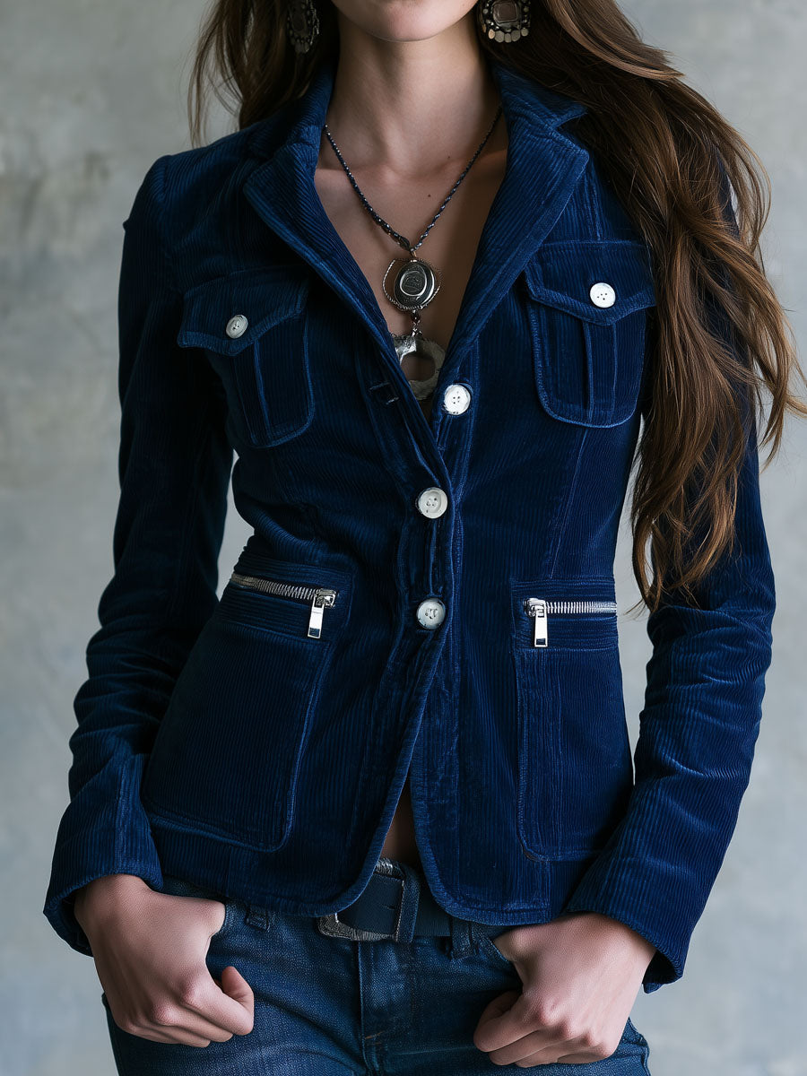 Vintage Navy Blue Corduroy Blazer With Zipper Pocket