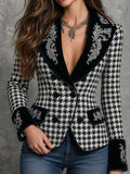 Vintage Houndstooth Velvet Lapel Embroidered Double Breasted Fitted Jacket