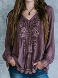 Boho Tie V Neck Dusty Mauve Floral Embroidered Blouse