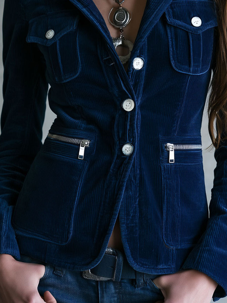 Vintage Navy Blue Corduroy Blazer With Zipper Pocket