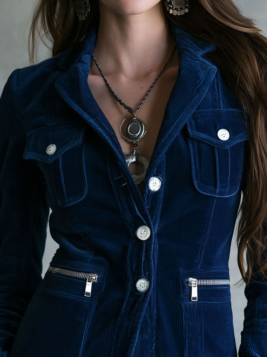 Vintage Navy Blue Corduroy Blazer With Zipper Pocket