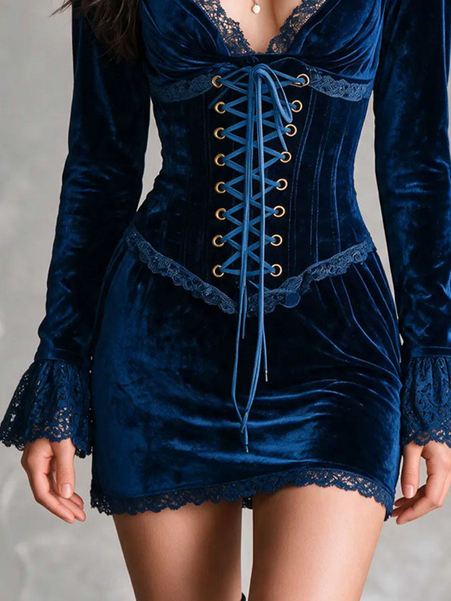 Romantic Vintage Sapphire Blue Lace Trim Velvet Corset Party Mini Dress