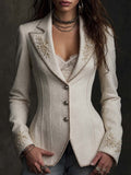 Boho Floral Embroidered Linen Blazer Lapel Single‑Breasted Slim Jacket