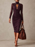 Vintage Ruched Lace Long Sleeve Mock Neck Bodycon Midi Dress with Cutout Front