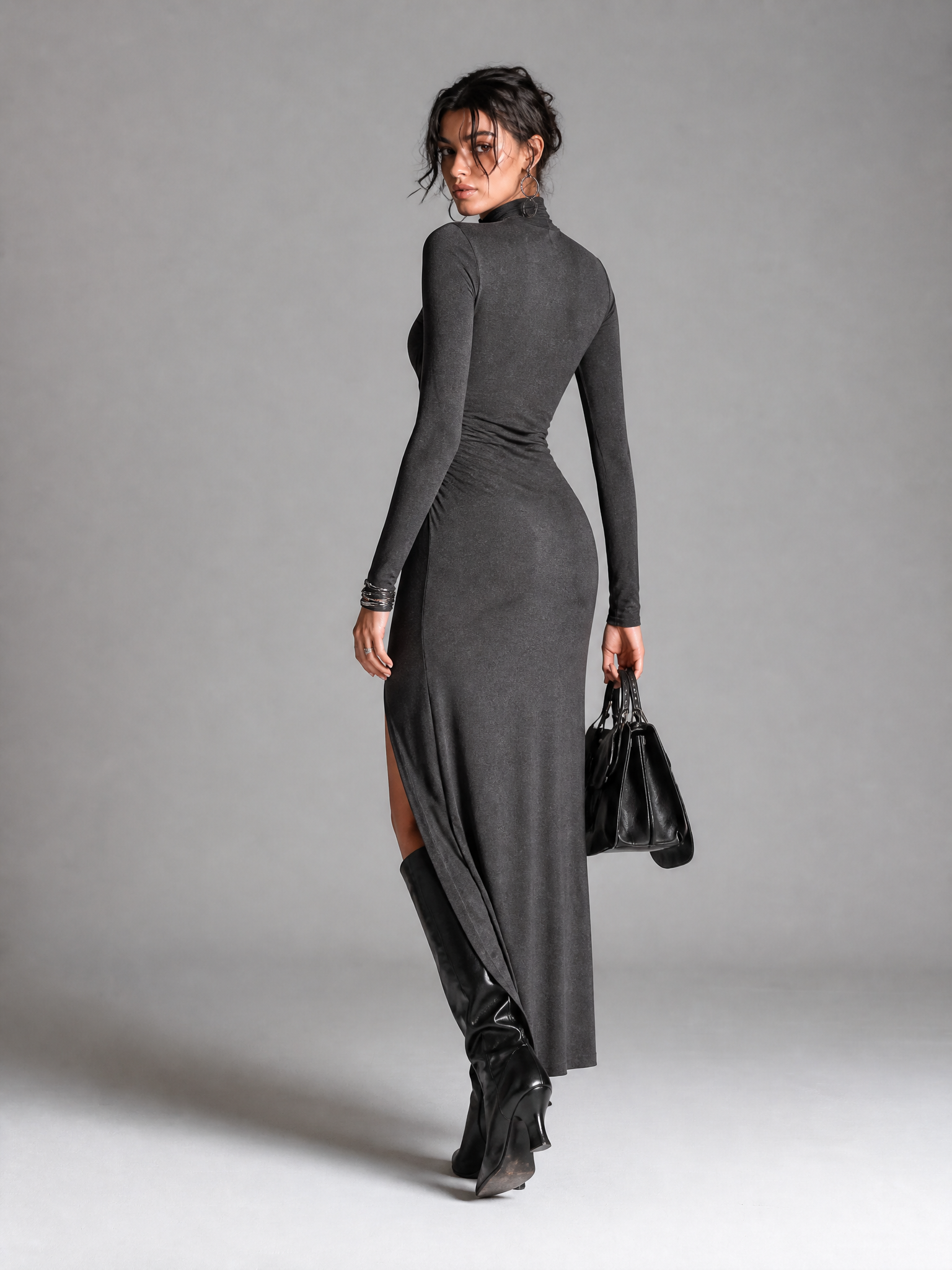 Elegant Stretch Knit Ruched High Neck Long Sleeve Bodycon Maxi Dress With Side Slit