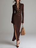 Retro Stand-collar Double-breasted Ribbed Knit Maxi Dress With High Slits