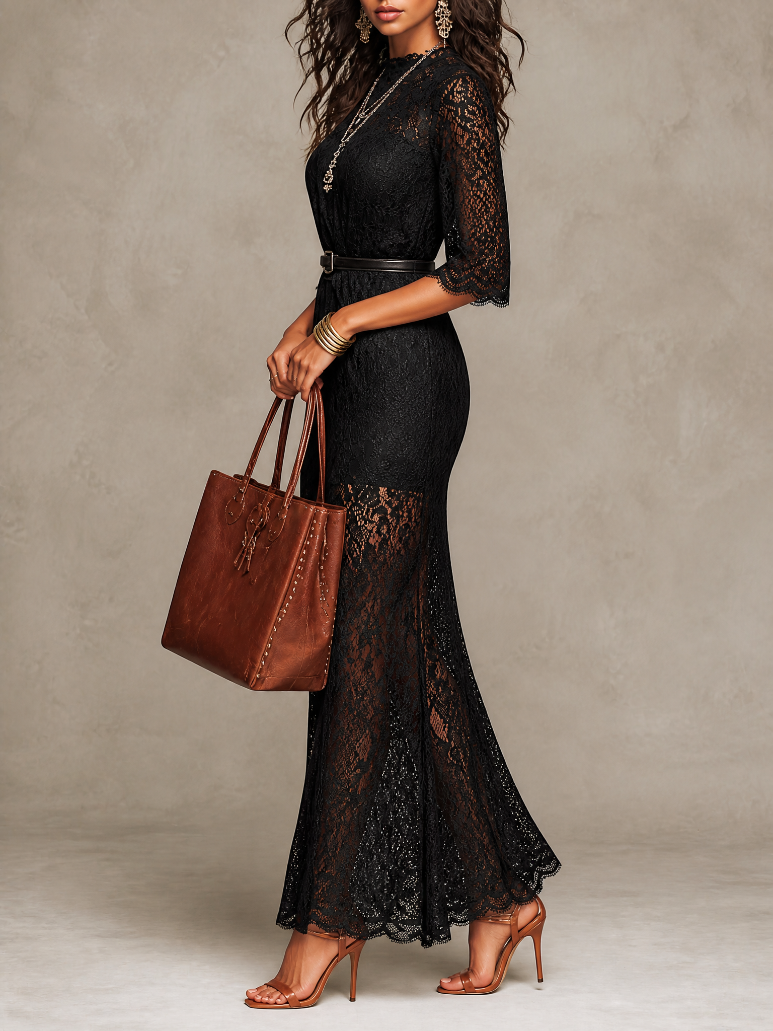 Boho Scalloped Neck Flutter Elbow Sleeve Black Floral Hollow Lace Maxi Dress