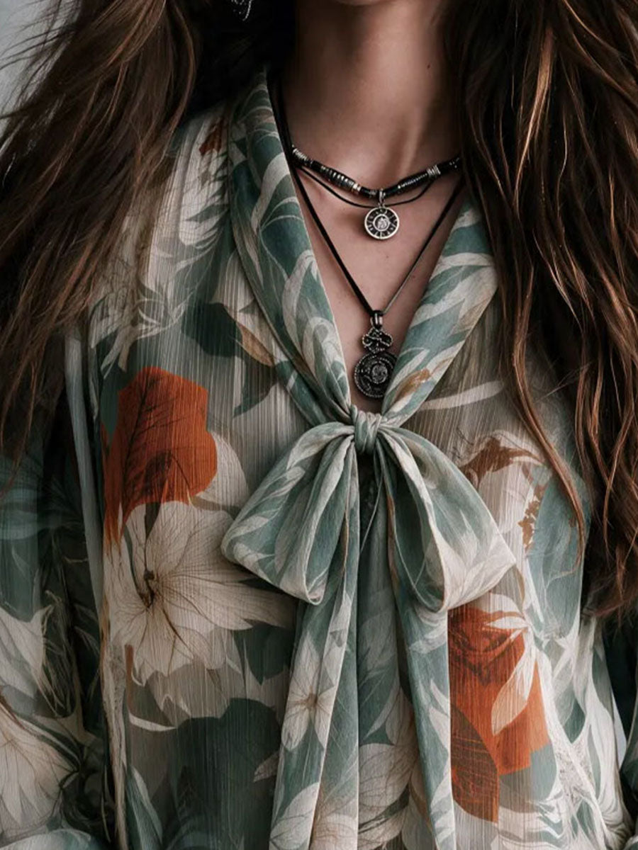 Boho Green Botanical Print V Neck Bow Tie Shirt Flared Cuff Loose Fit Chiffon Blouse