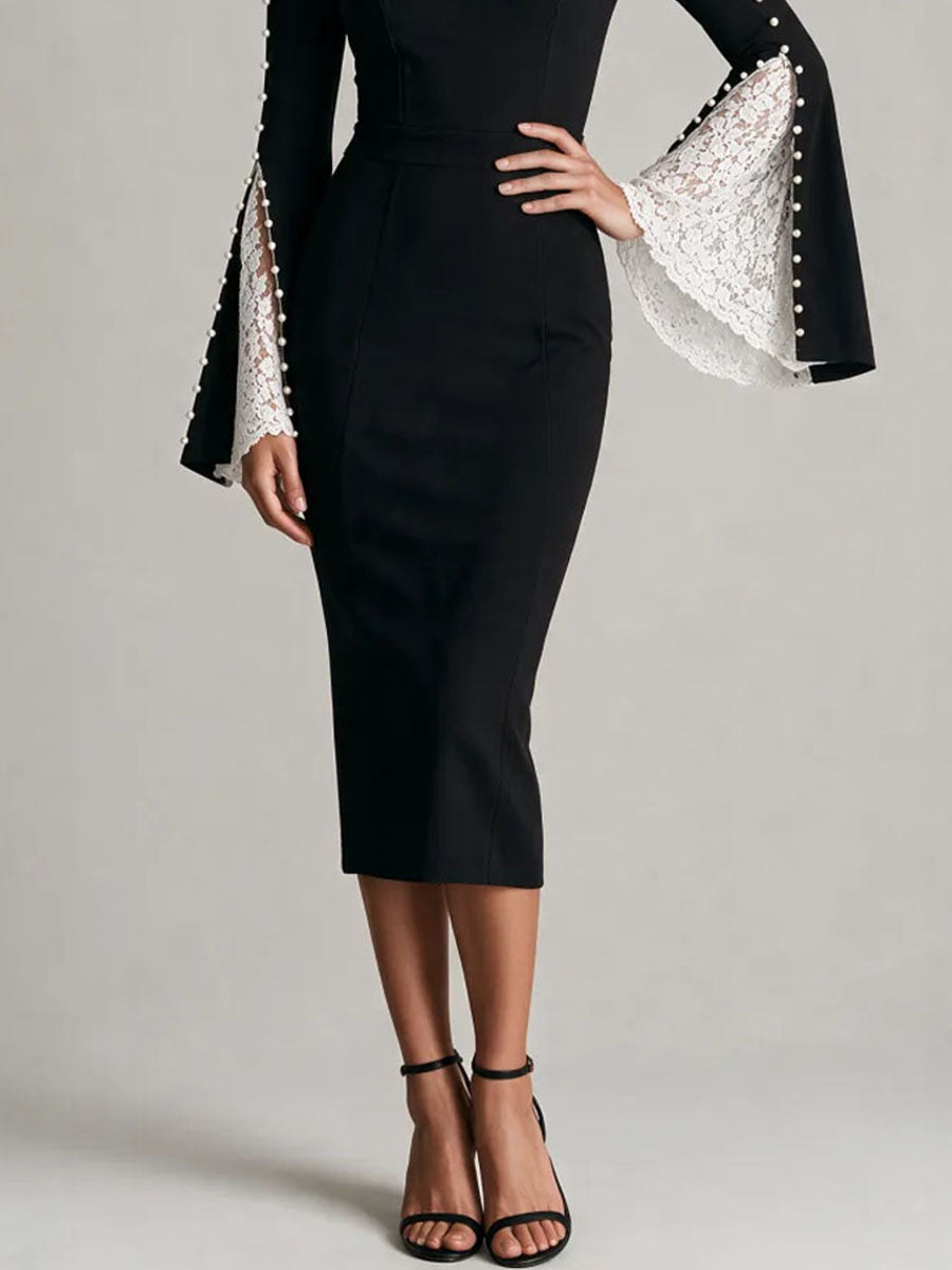 Elegant High Neck Lace Bell Sleeve Pencil And Pearl Embellished Midi Dress