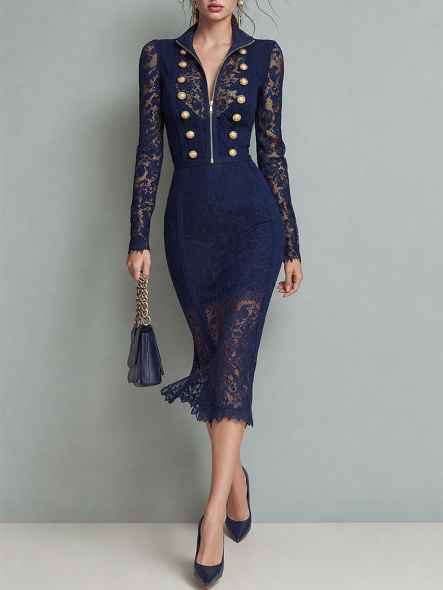 Retro Lace Long Sleeve Midi Dress with Gold Button Detail