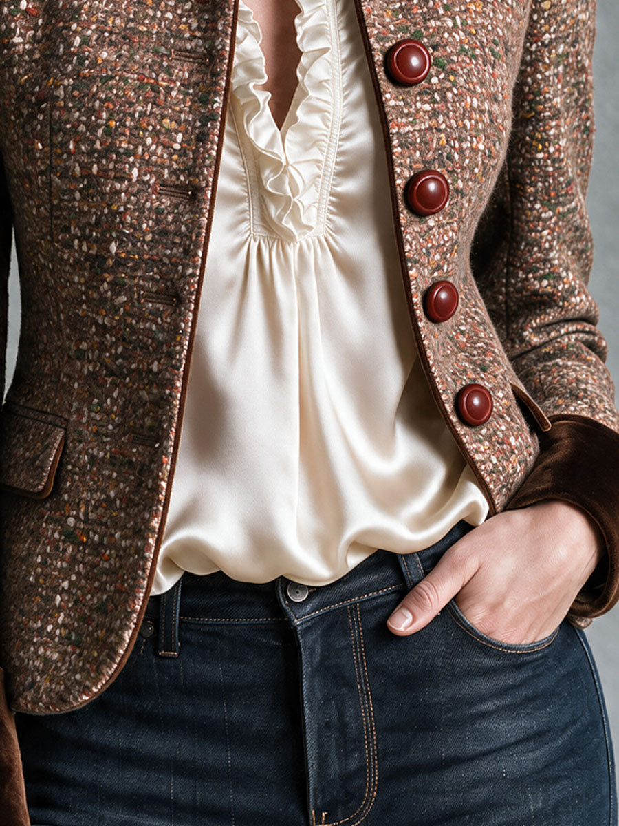 Vintage Multicolor Tweed Button Jacket With Dark Brown Velvet Cuff Collar