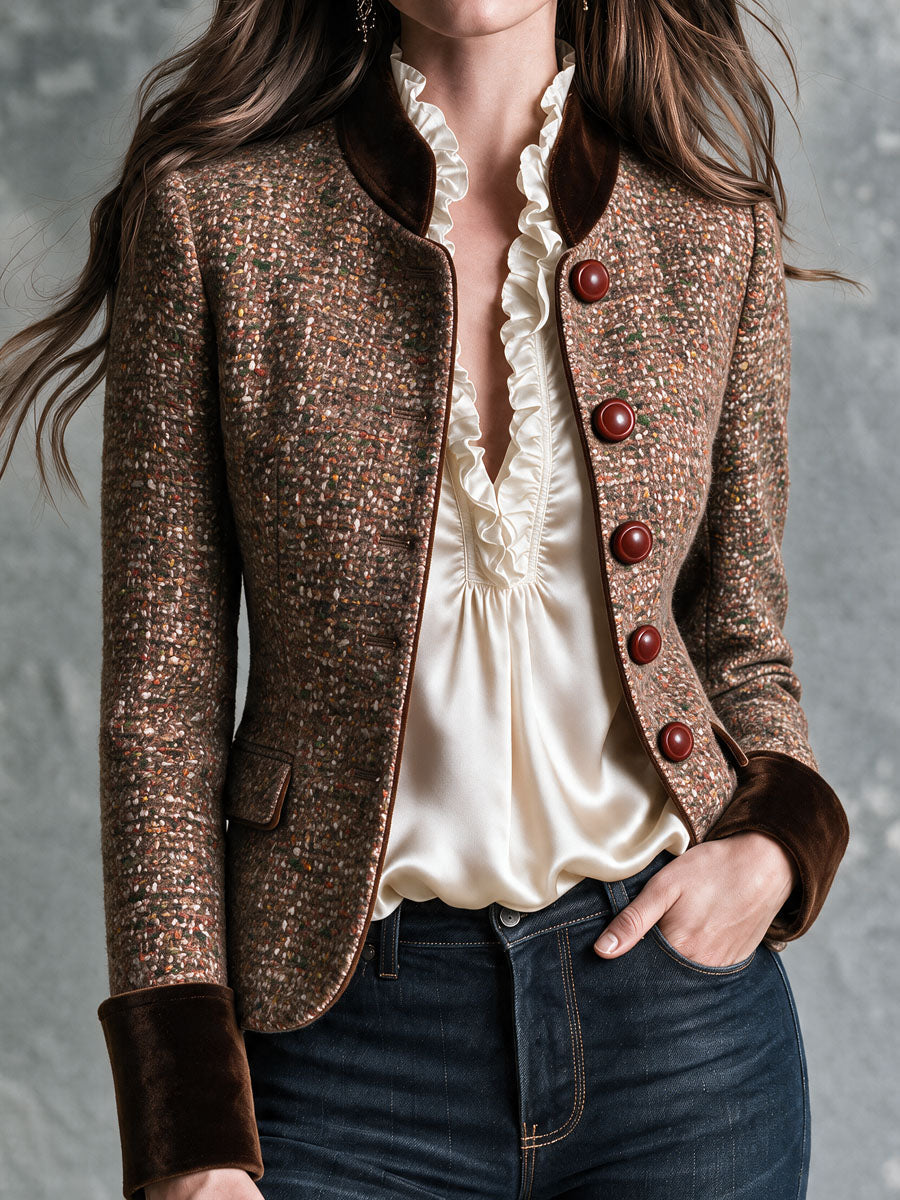 Vintage Multicolor Tweed Button Jacket With Dark Brown Velvet Cuff Collar