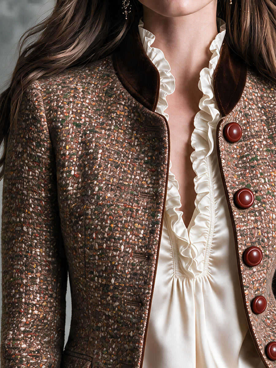 Vintage Multicolor Tweed Button Jacket With Dark Brown Velvet Cuff Collar
