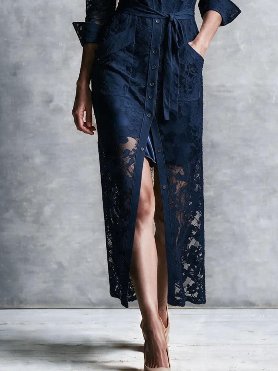 Elegant Navy Floral Lace Shirt Maxi Dress With Satin Slip Dress Two Piece