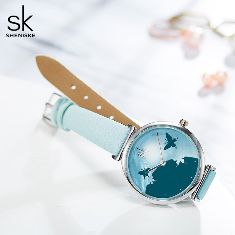 SK Women’s Quartz Watch – Shell Dial Butterfly Design with Leather Strap