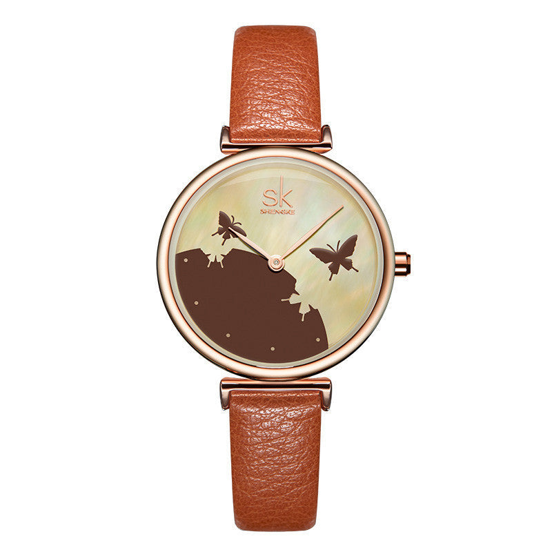 SK Women’s Quartz Watch – Shell Dial Butterfly Design with Leather Strap